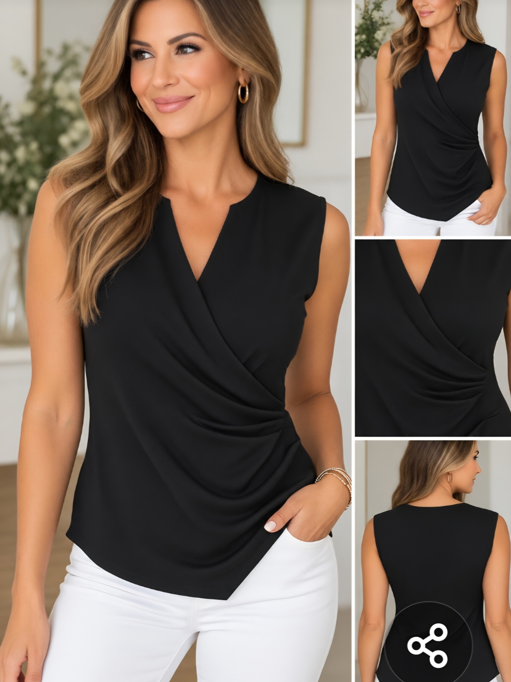 OGL Black Sleeveless Draped V-Neck Shirt
